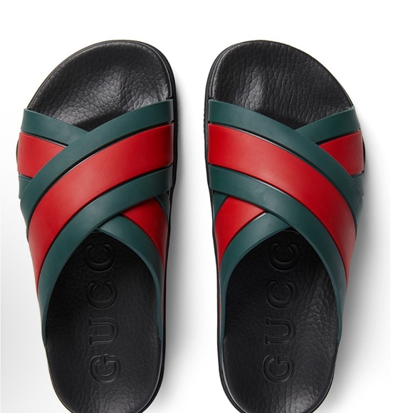 💯 Authentic Gucci Rubber Black, Red, and Green Striped Sandals, comes with box - Picture 1 of 14